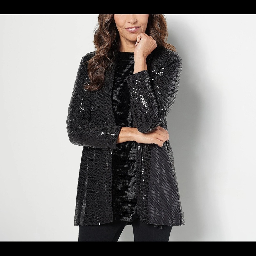 Dennis Basso Sequin Black Blazer Open cardigan